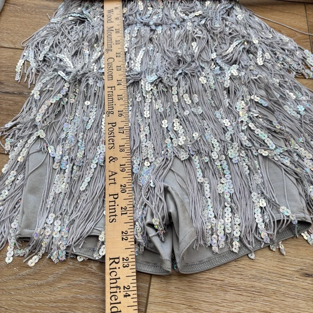 Weissman Silver Fringe Sequined Dance Skating Dress Costume size MC Flapper Tap